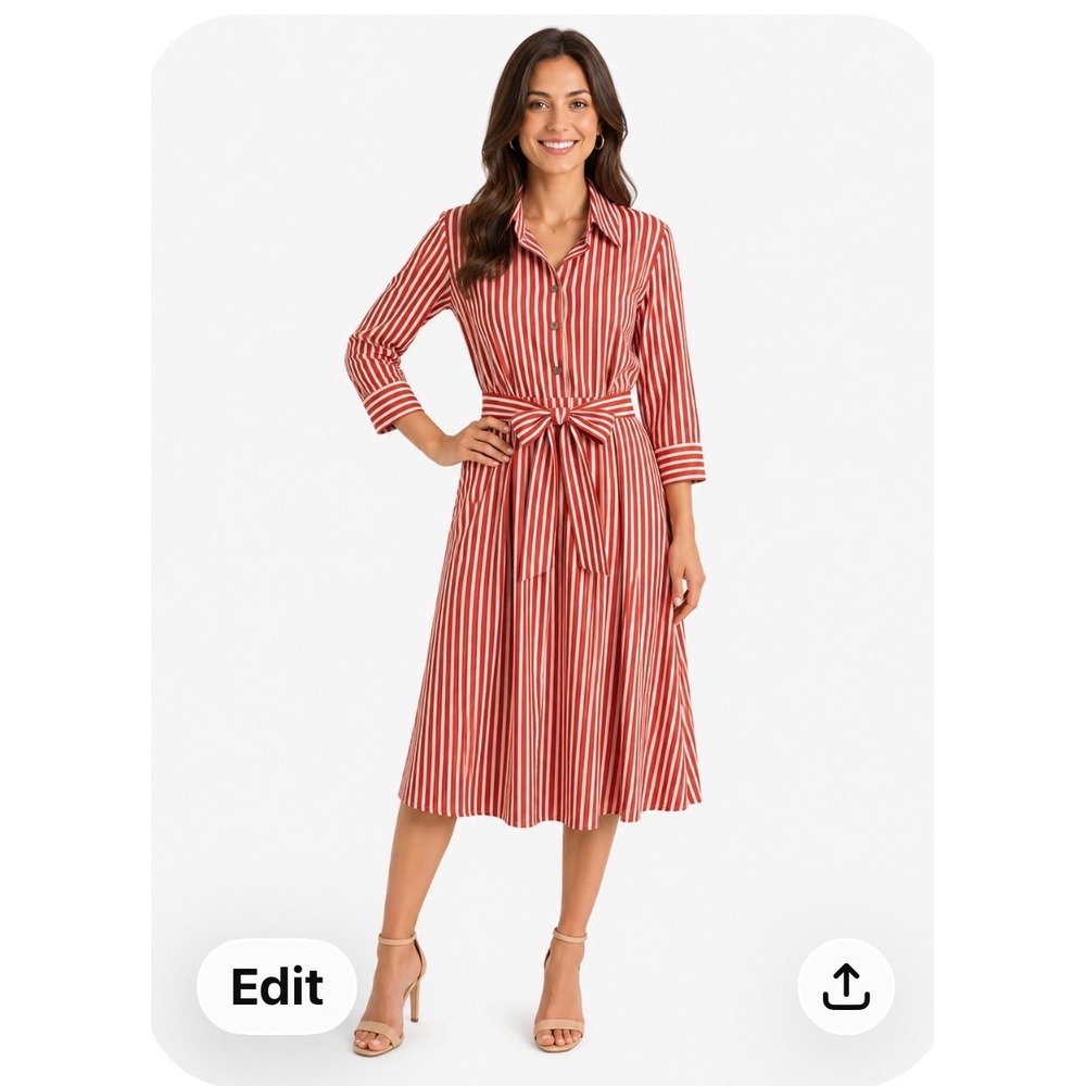 Vilagallo Red White Striped Maxi Shirt Dress Palm Tree Buttons Tie Waist Sz Lg